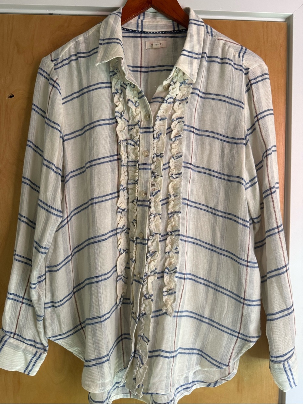 Pilcro Cream and Blue Plaid Ruffle-Front Button Down Shirt. Size small.